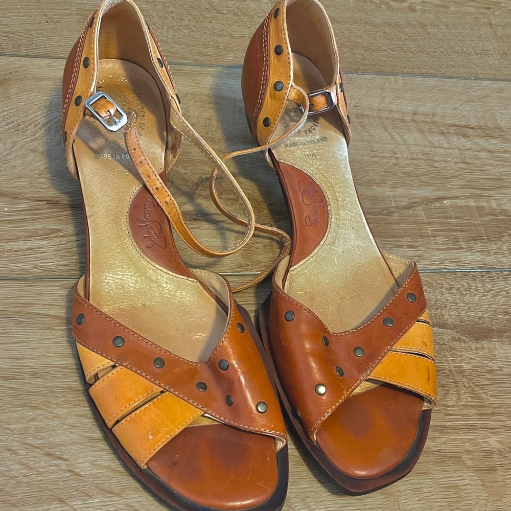 John Fluvog Vintage Women's Two-Tone Tan & Orange Leather Ankle-Strap Sandals